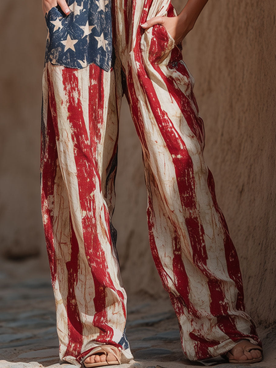 Retro-style Flag Print Cotton Linen Sleeveless Jumpsuit - By Qivii
