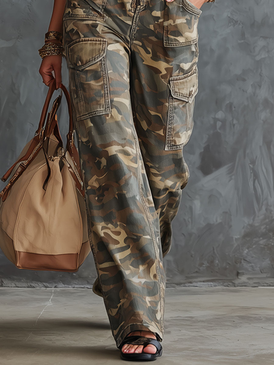 Western Retro Military Green Camouflage Denim Sleeveless Jumpsuit - By Qivii