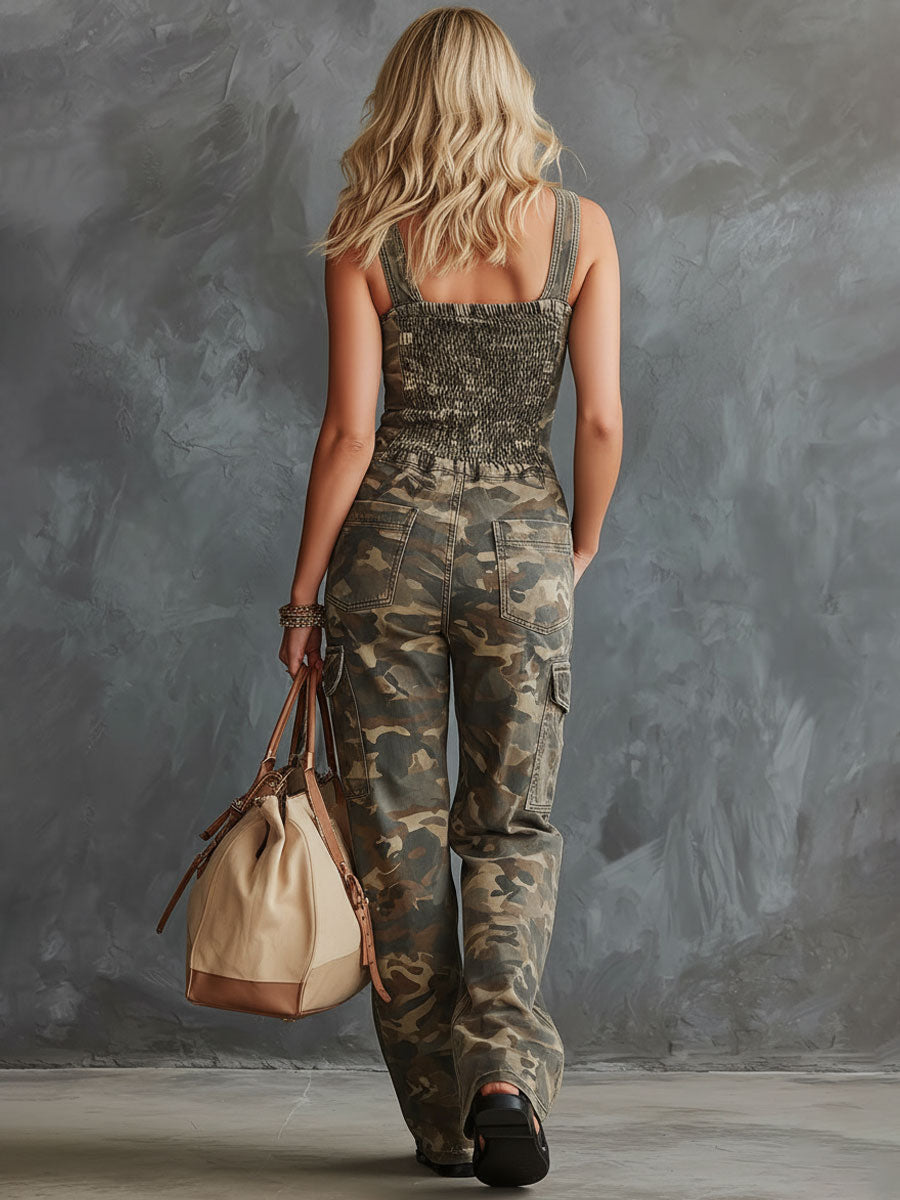 Western Retro Military Green Camouflage Denim Sleeveless Jumpsuit - By Qivii