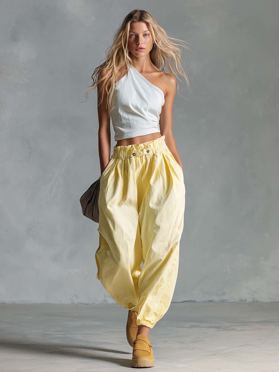 Casual Fashion White Cotton-Linen One-Shoulder Top And Light Yellow Pants Set - By Qivii