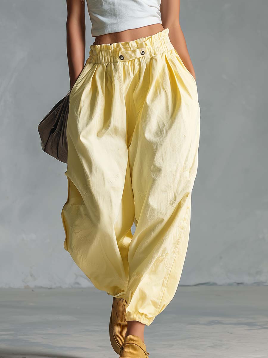 Casual Fashion White Cotton-Linen One-Shoulder Top And Light Yellow Pants Set - By Qivii