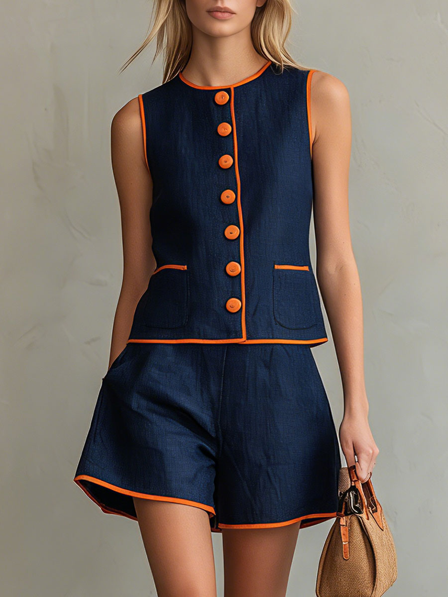 Casual Retro Color-blocked Blue Sleeveless Button-down Top And Shorts Set - By Qivii