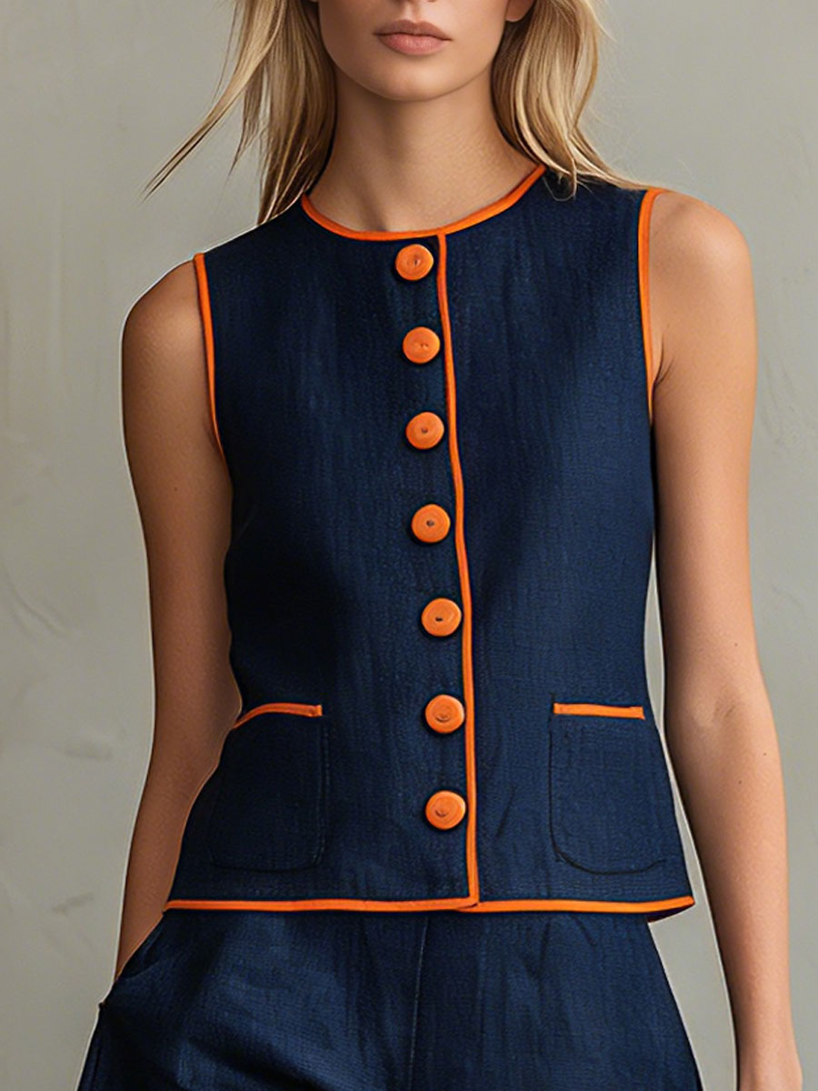 Casual Retro Color-blocked Blue Sleeveless Button-down Top And Shorts Set - By Qivii