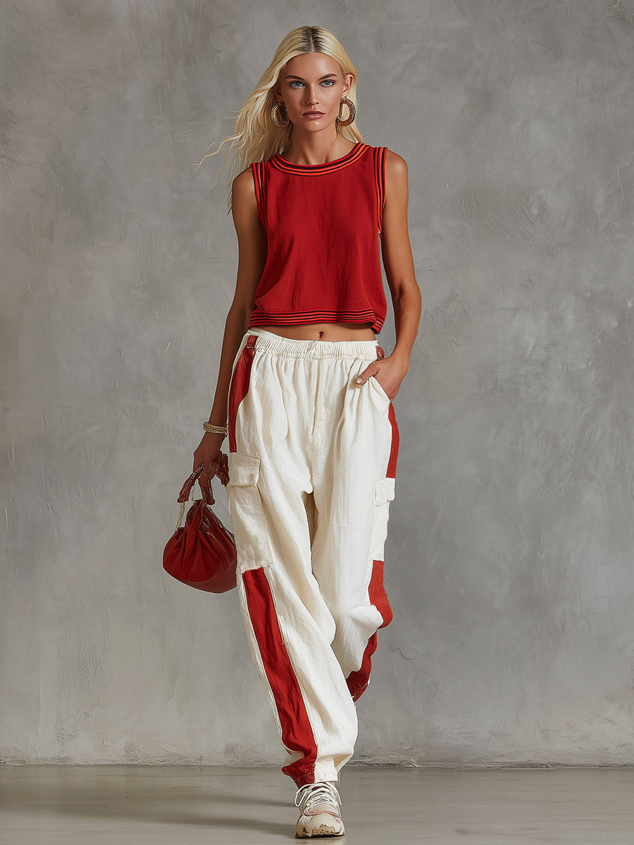 Casual & Stylish Red Vest And White Cargo Pants Cotton-Linen Set - By Qivii