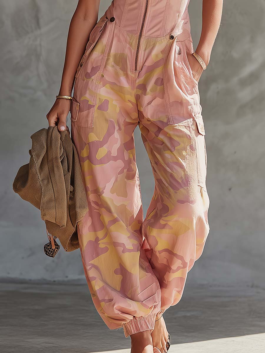 Women's Pink Camouflage Utility Cargo Jumpsuit - By Qivii