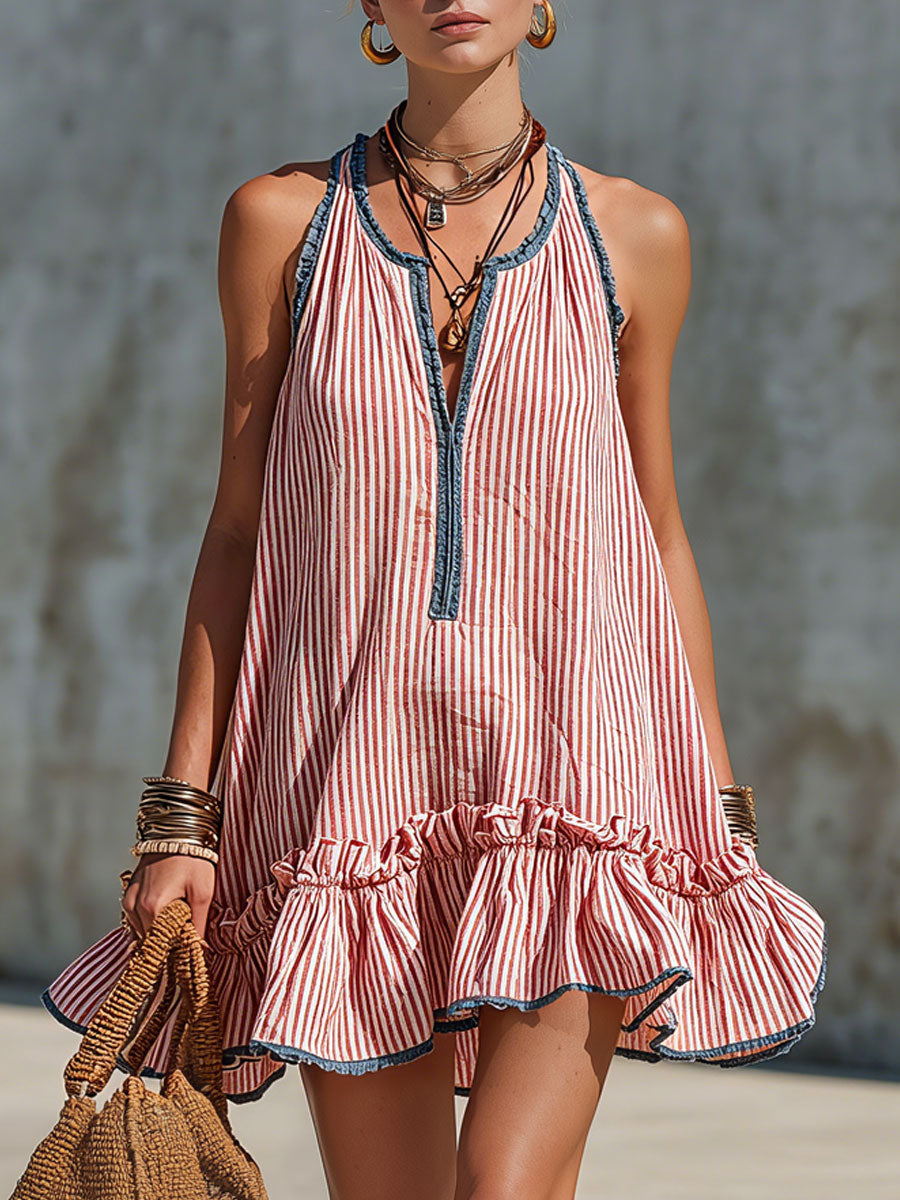 Casual Retro Ruffled Red And White Striped Cotton Linen Sleeveless Mini Dress - By Qivii