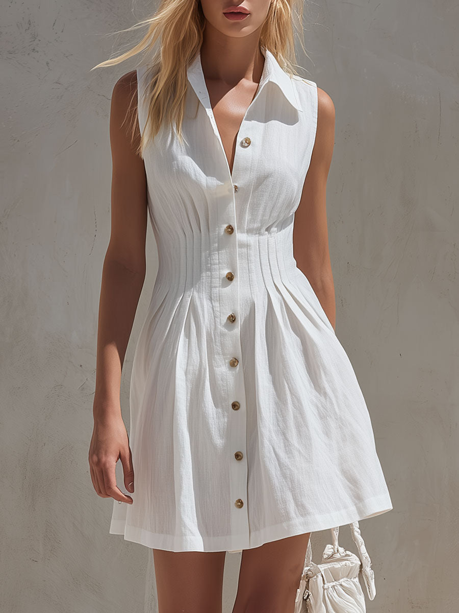 Casual Retro White Sleeveless Collared Button-down Pleated Cotton Linen Mini Dress - By Qivii