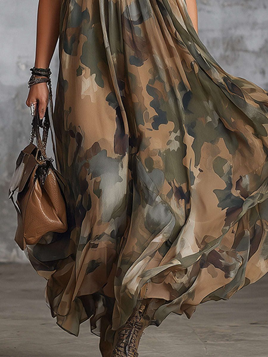 Chic And Elegant Green Camouflage Print Halter-neck Chiffon Maxi Dress - By Qivii