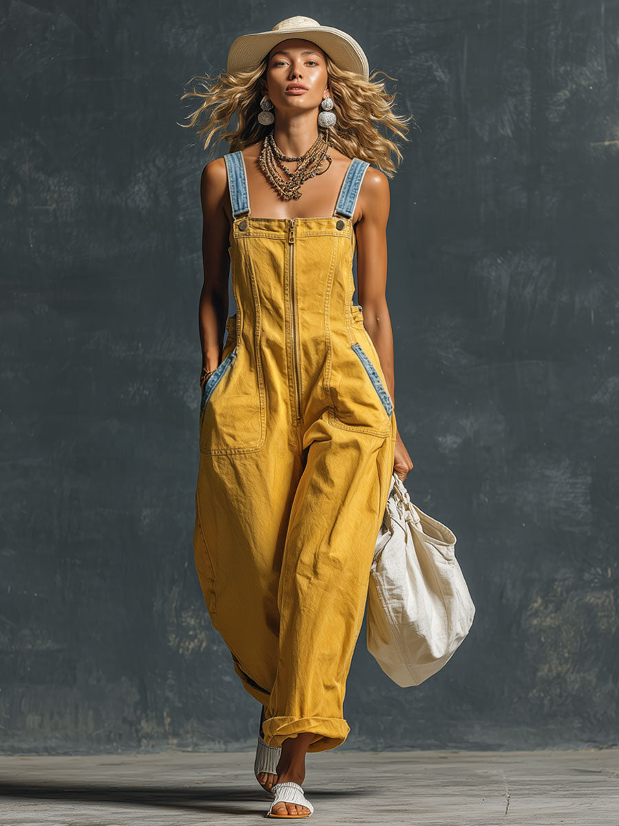 Western Retro Blue And Yellow Denim Vest-style Zip-up Jumpsuit - By Qivii