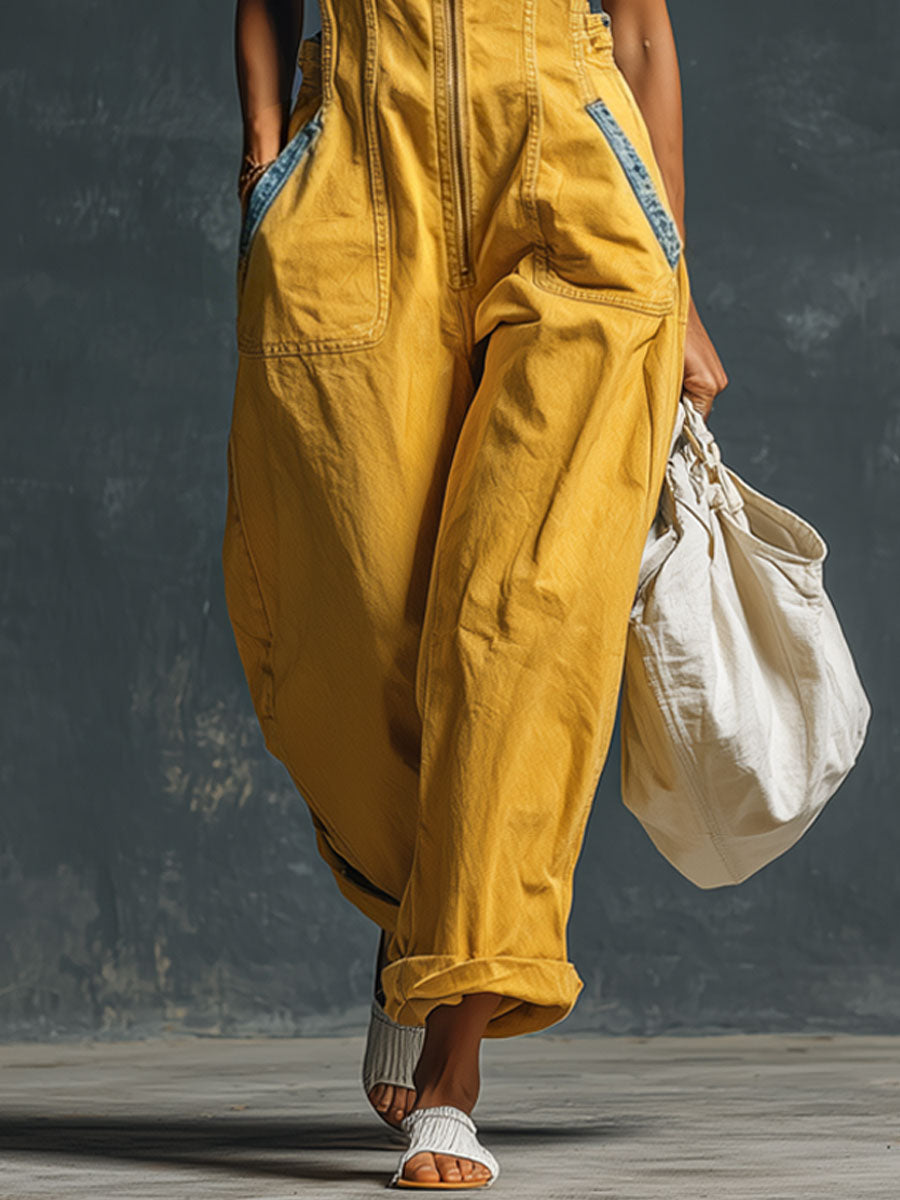 Western Retro Blue And Yellow Denim Vest-style Zip-up Jumpsuit - By Qivii