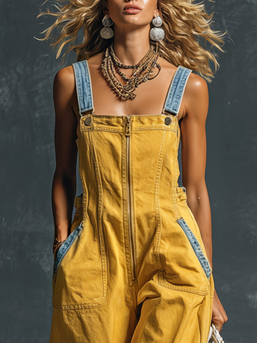 Western Retro Blue And Yellow Denim Vest-style Zip-up Jumpsuit - By Qivii