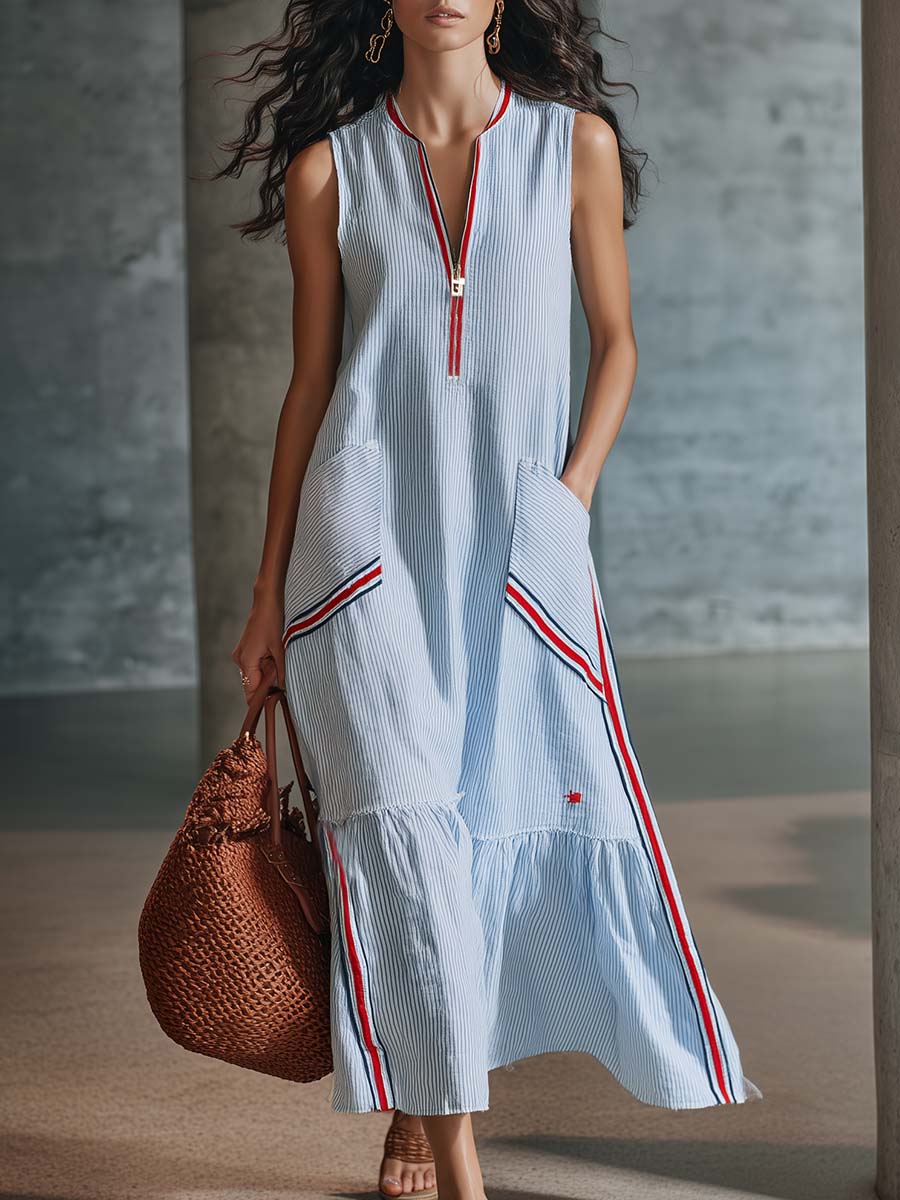 Classic Retro Fashion V-neck Front Zipper Light Blue Striped Midi Dress - By Qivii