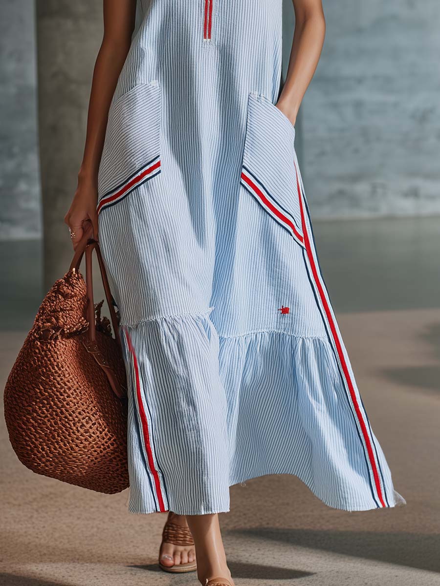 Classic Retro Fashion V-neck Front Zipper Light Blue Striped Midi Dress - By Qivii