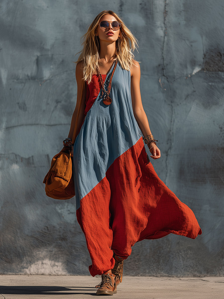 Retro Bohemian Blue & Red One-Shoulder Cotton-Linen Maxi Dress - By Qivii