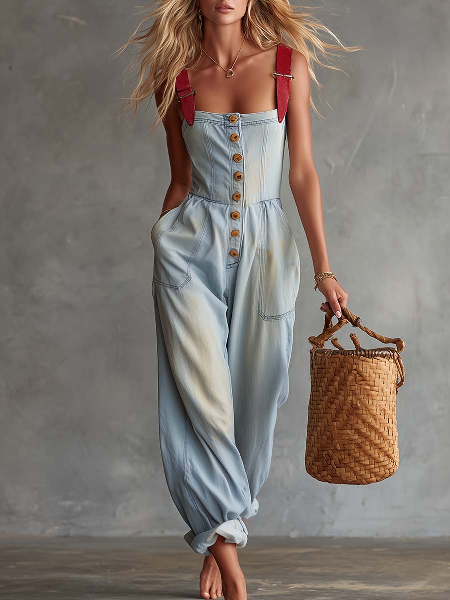 Retro Casual Square-neck Button-front Light Blue Washed Denim Jumpsuit - By Qivii