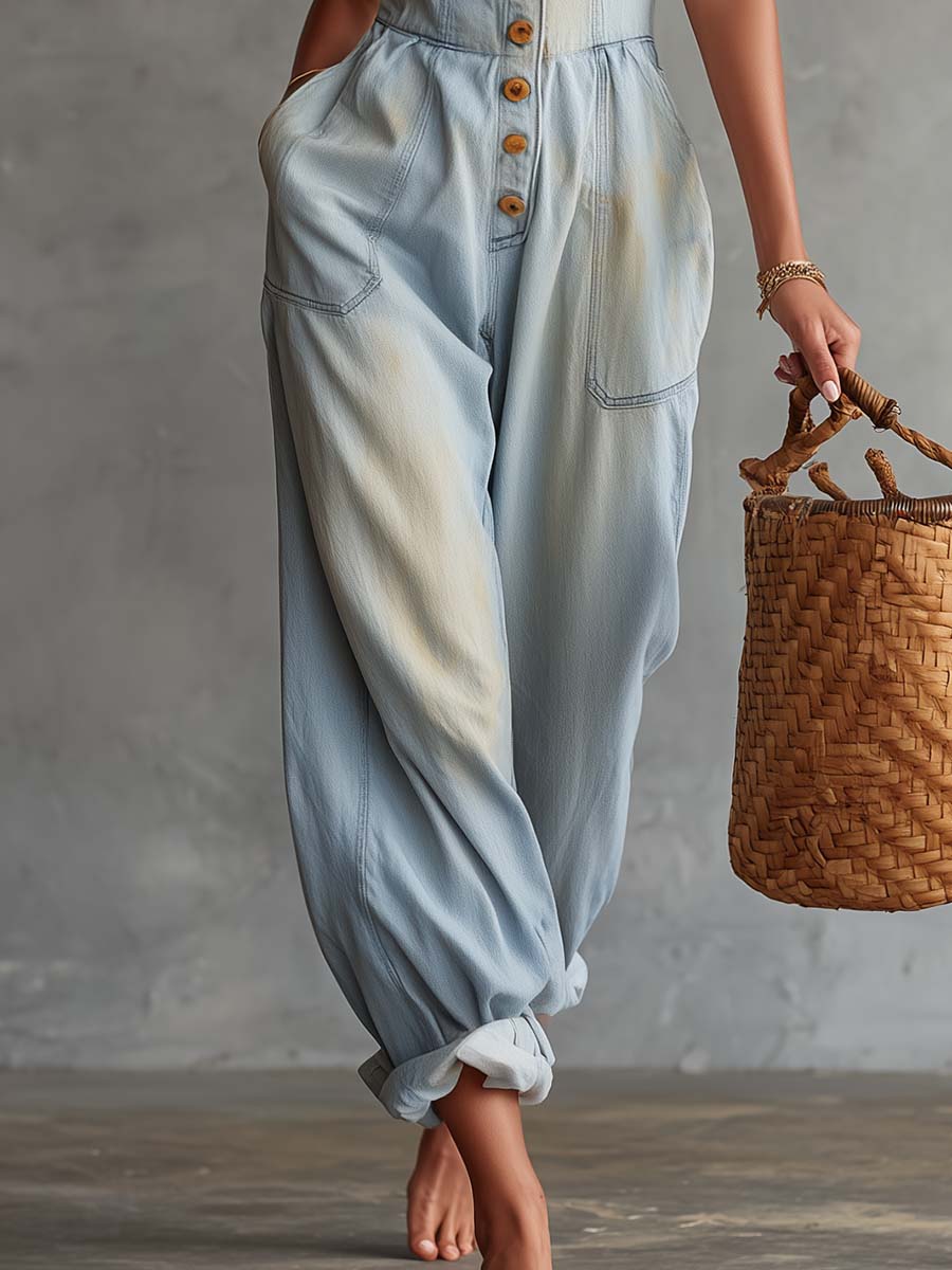 Retro Casual Square-neck Button-front Light Blue Washed Denim Jumpsuit - By Qivii
