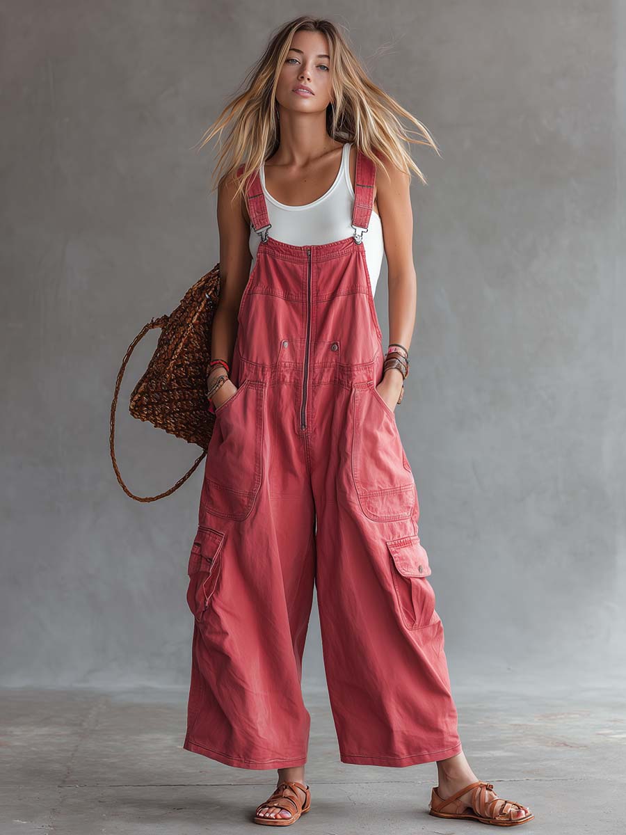 Women's Washed Coral Denim Utility Overalls Jumpsuit - By Qivii