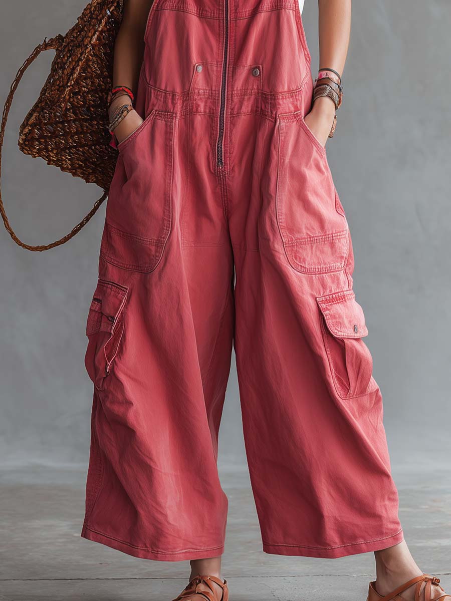 Women's Washed Coral Denim Utility Overalls Jumpsuit - By Qivii