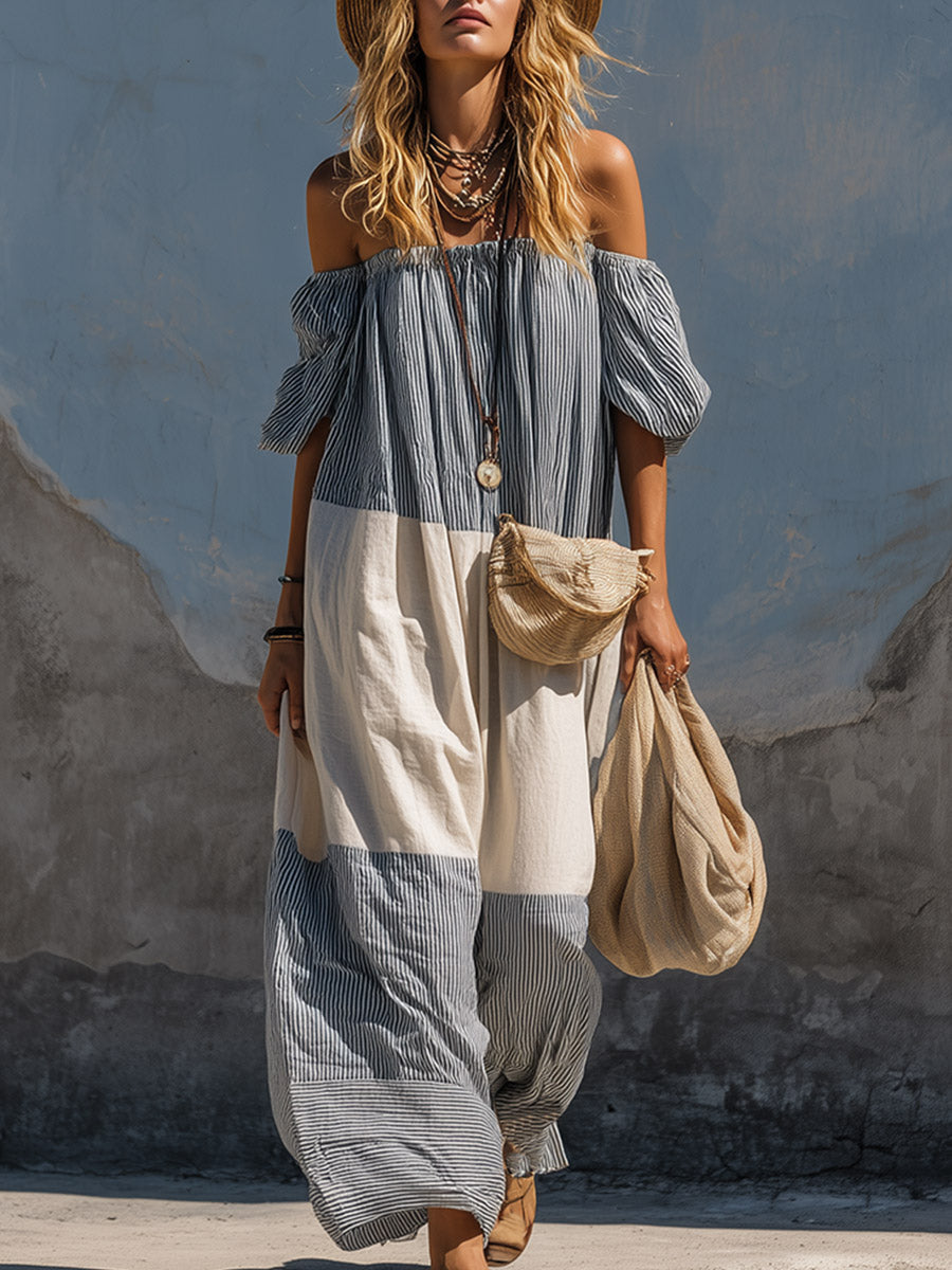 Retro-casual Blue And White Striped Off-the-shoulder Maxi Dress - By Qivii