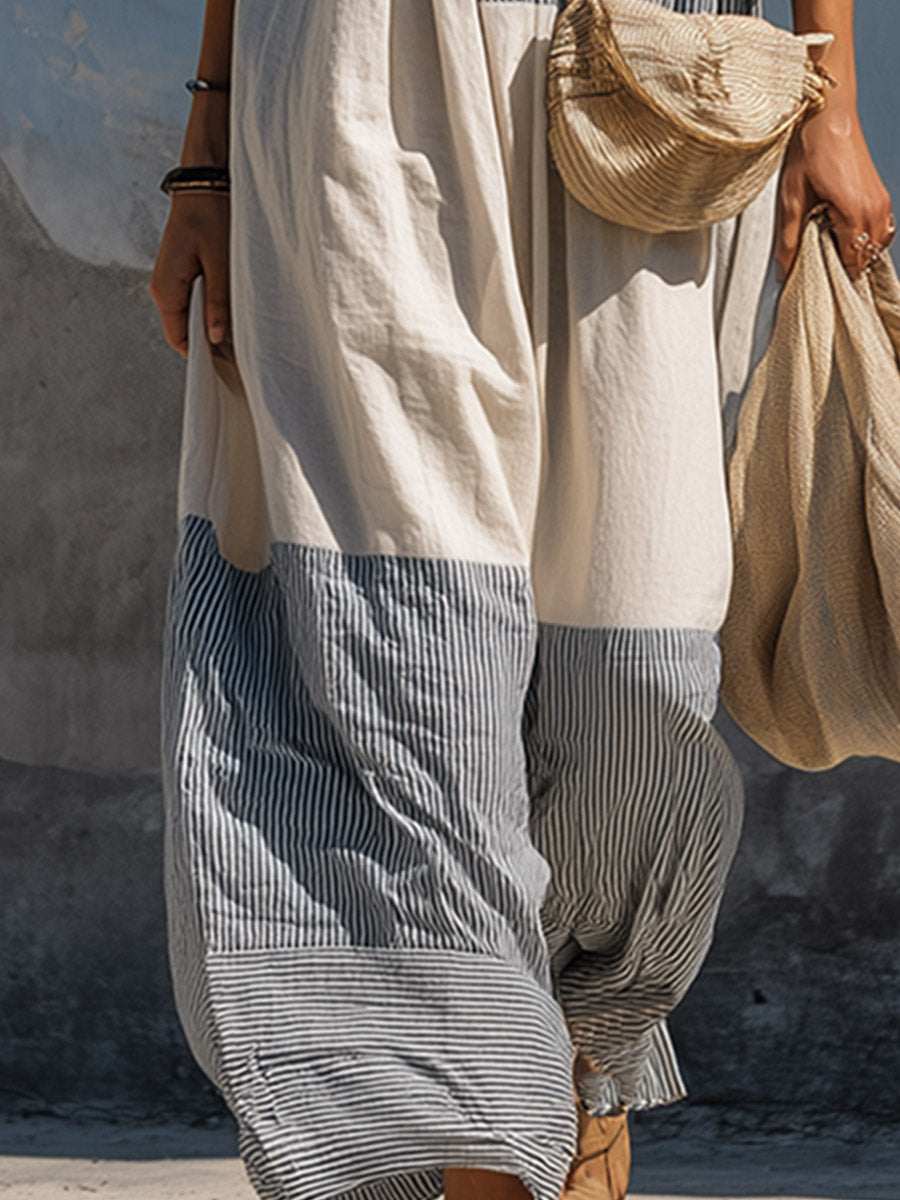 Retro-casual Blue And White Striped Off-the-shoulder Maxi Dress - By Qivii