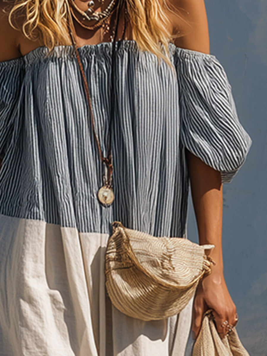 Retro-casual Blue And White Striped Off-the-shoulder Maxi Dress - By Qivii