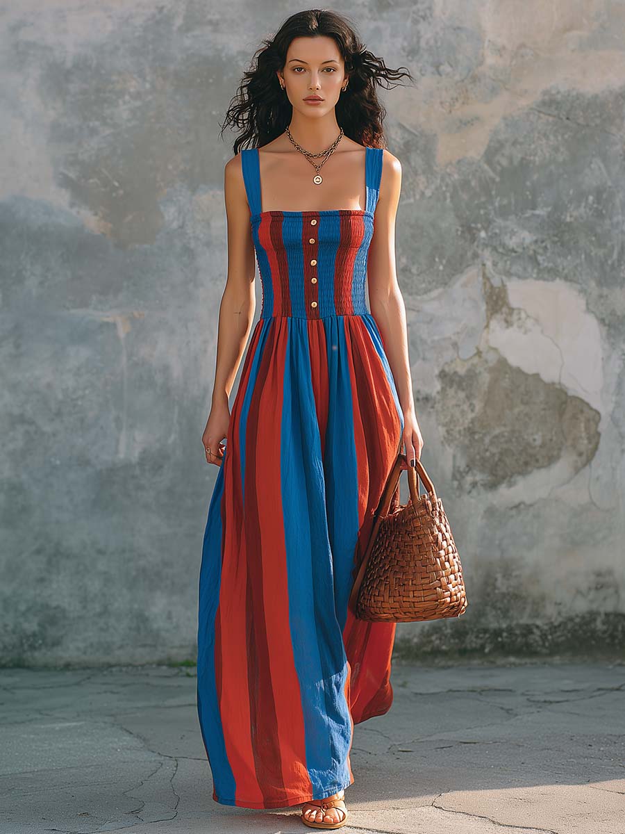 Mediterranean Stripe Smocked Cotton Linen Maxi Dress - By Qivii