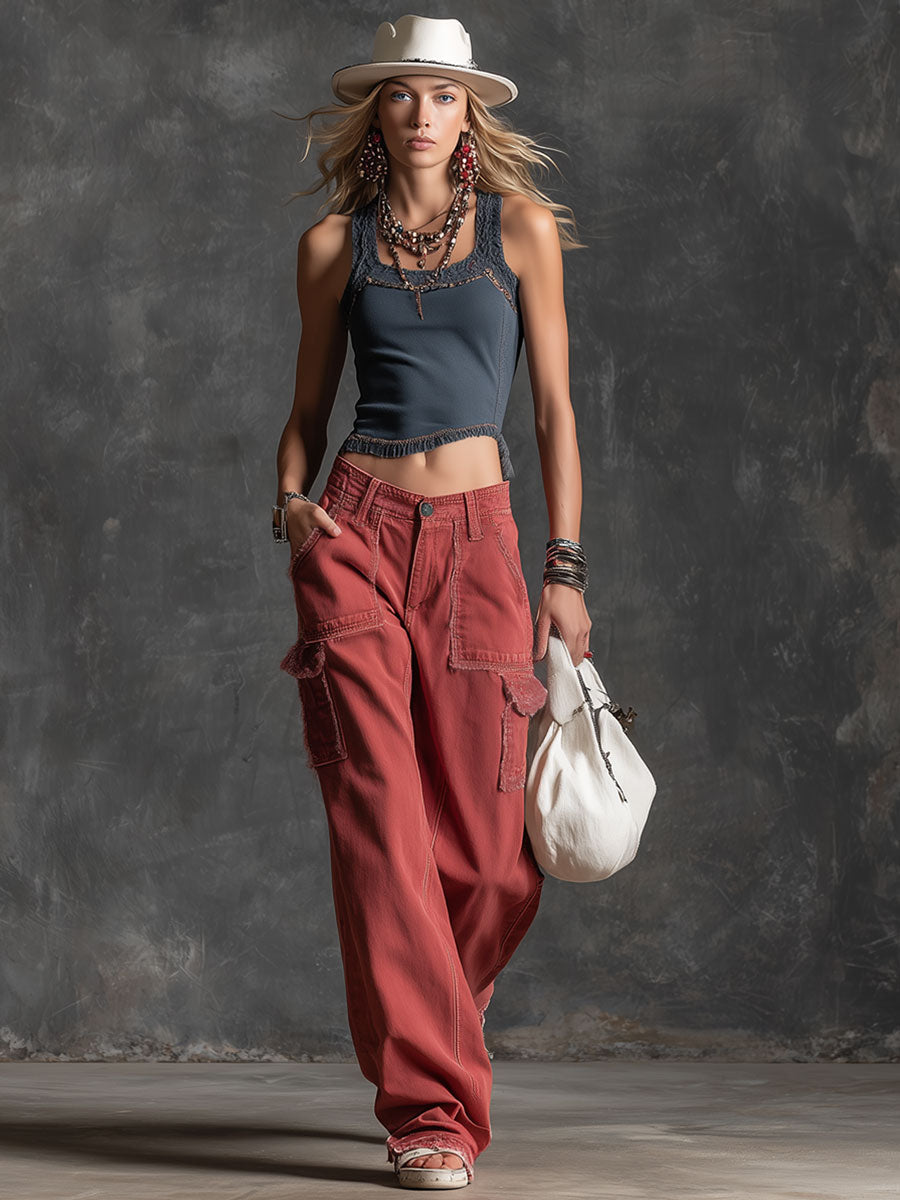 Casual Retro Red Frayed Multi-pocket Jeans - By Qivii