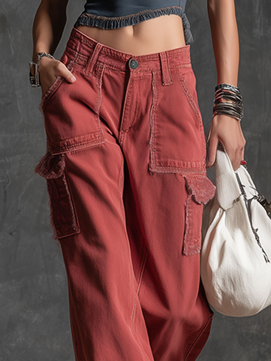 Casual Retro Red Frayed Multi-pocket Jeans - By Qivii