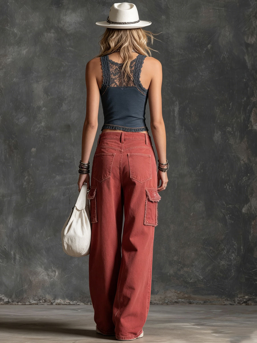 Casual Retro Red Frayed Multi-pocket Jeans - By Qivii