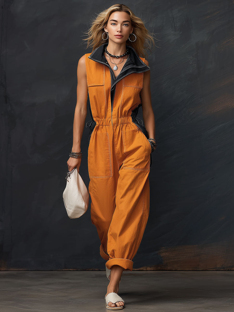 Casual Retro Black And Orange Denim Sleeveless Jumpsuit - By Qivii