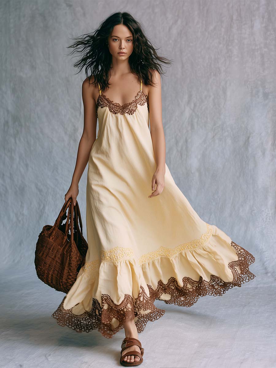 Bohemian Vacation Spaghetti Straps Lace Trim Cream-yellow Maxi Dress - By Qivii