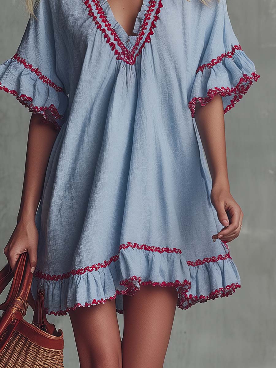 Vintage Bohemian V-neck Ruffled Hazy Blue Cotton-linen Mini Dress - By Qivii