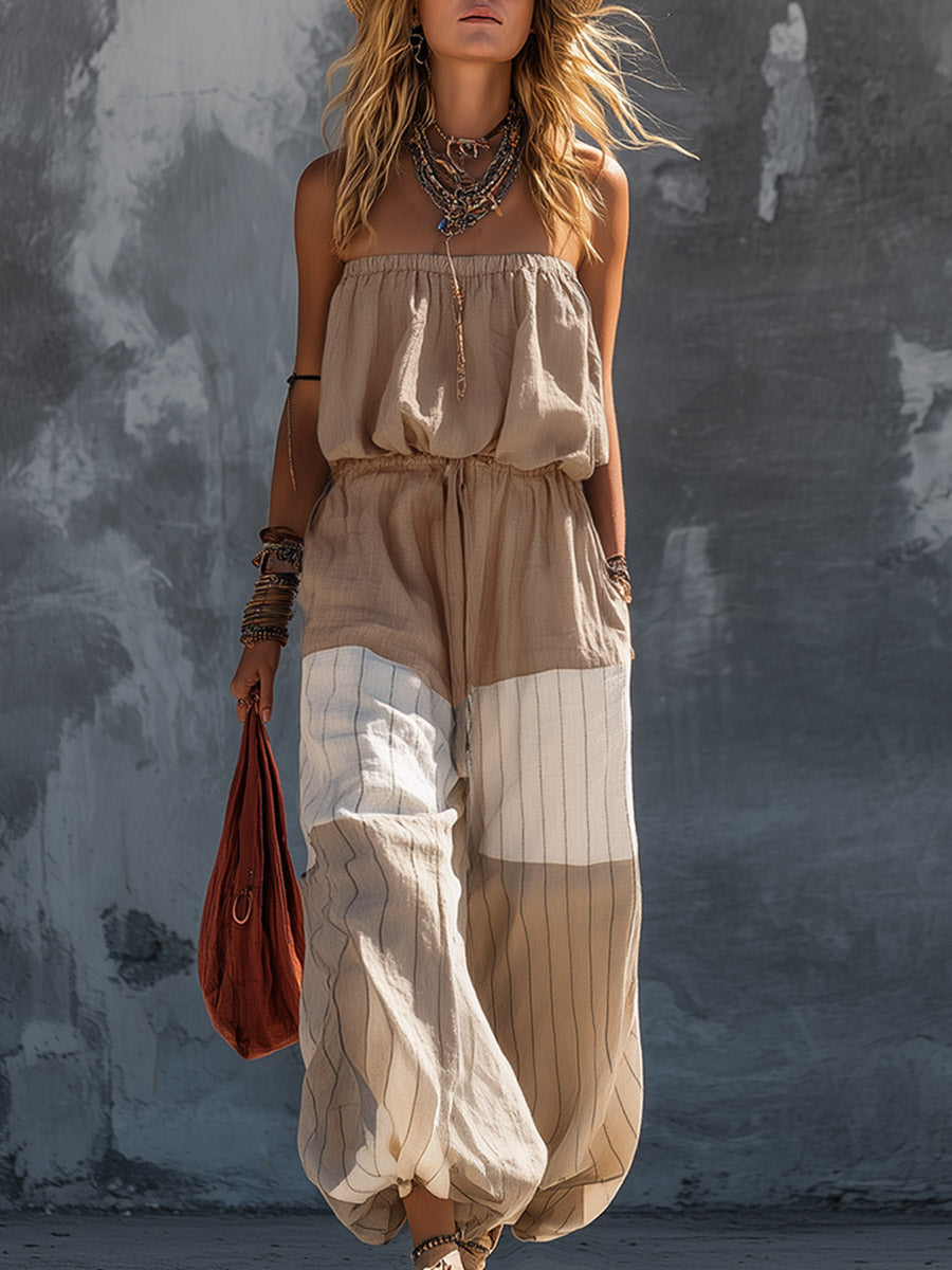 Elegant Casual Khaki Strapless Top And Striped Wide-Leg Pants Cotton-Linen Set - By Qivii