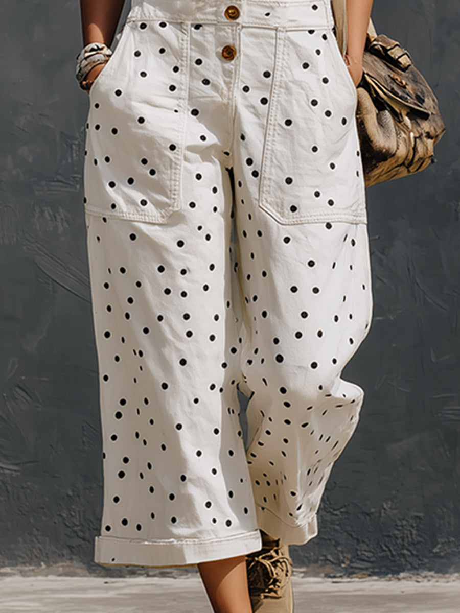 Casual Retro Polka-Dot Print White Denim Cropped Jumpsuit - By Qivii