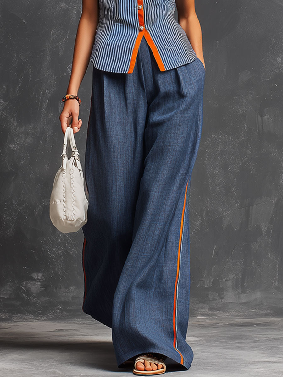 Casual Retro Orange And Blue Striped Cotton Linen Sleeveless Shirt And Wide-Leg Pants Set - By Qivii