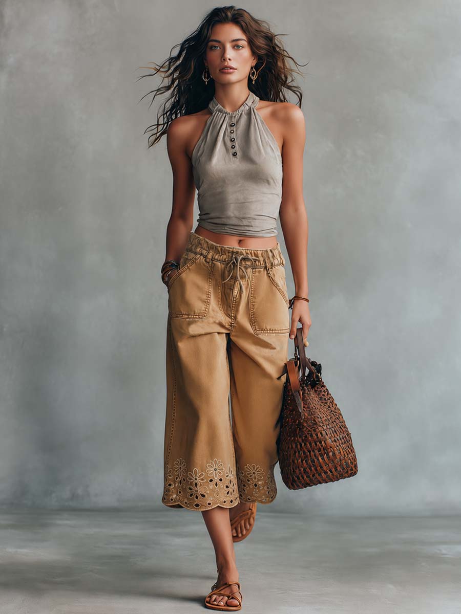 Retro Versatile Halter-neck Light Gray Premium Faux Suede Top - By Qivii
