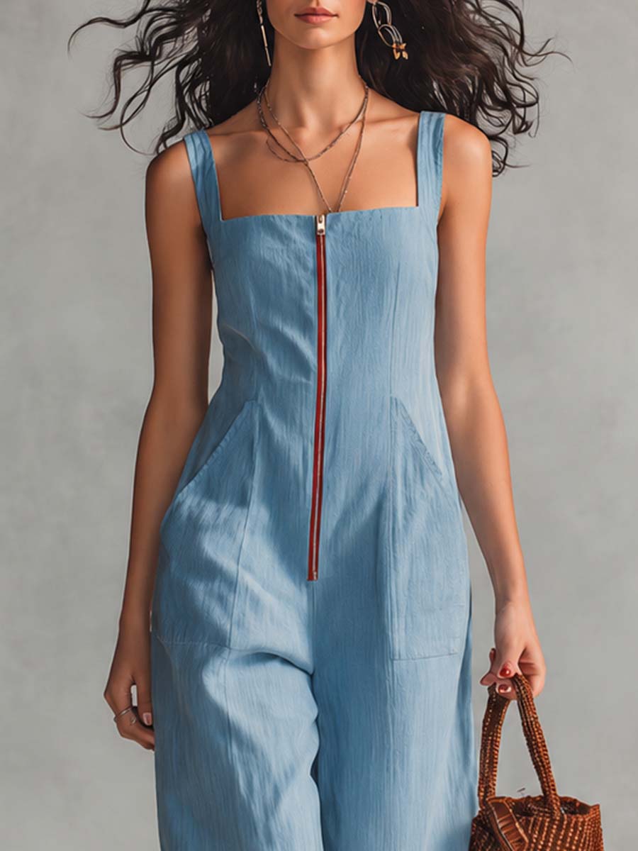 Retro Casual Square Neck Front Zipper Light Blue Cotton-Linen Jumpsuit - By Qivii