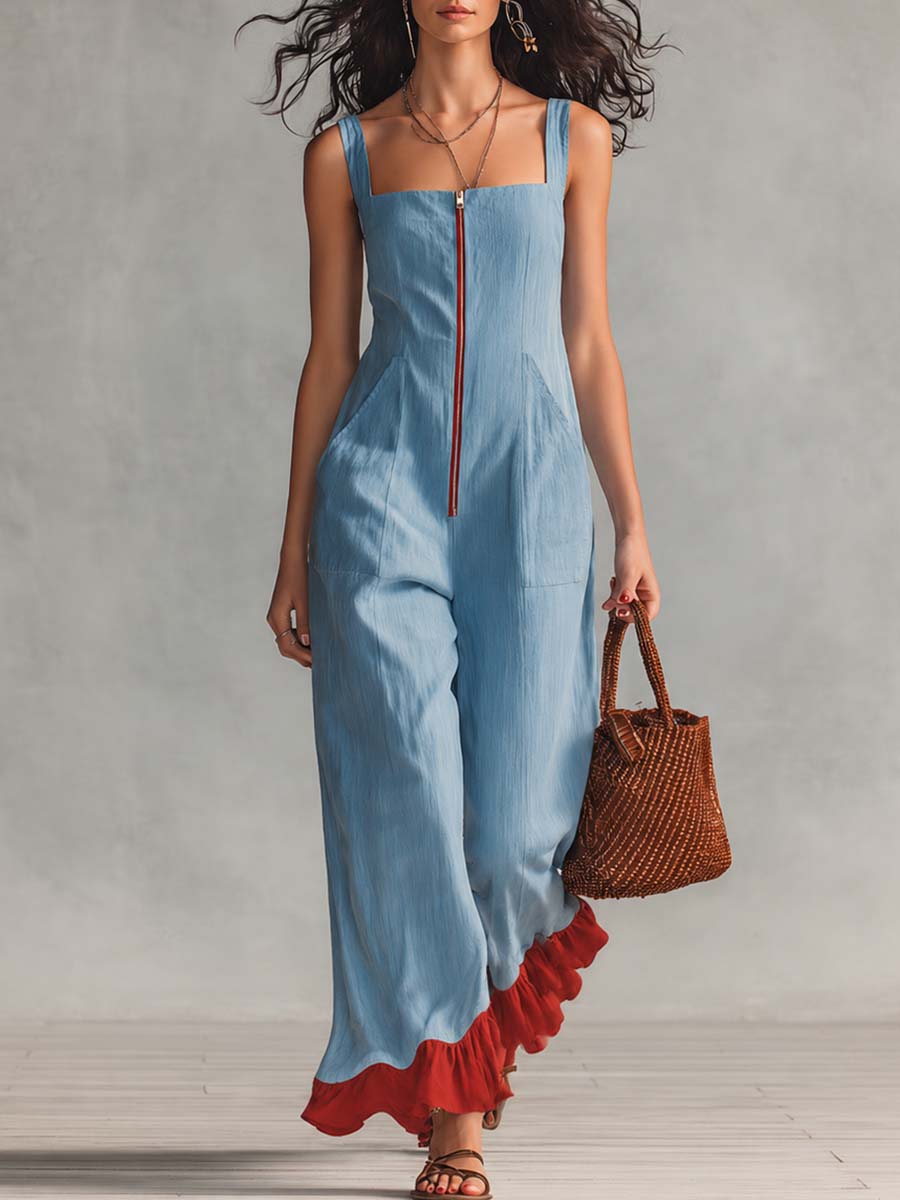 Retro Casual Square Neck Front Zipper Light Blue Cotton-Linen Jumpsuit - By Qivii