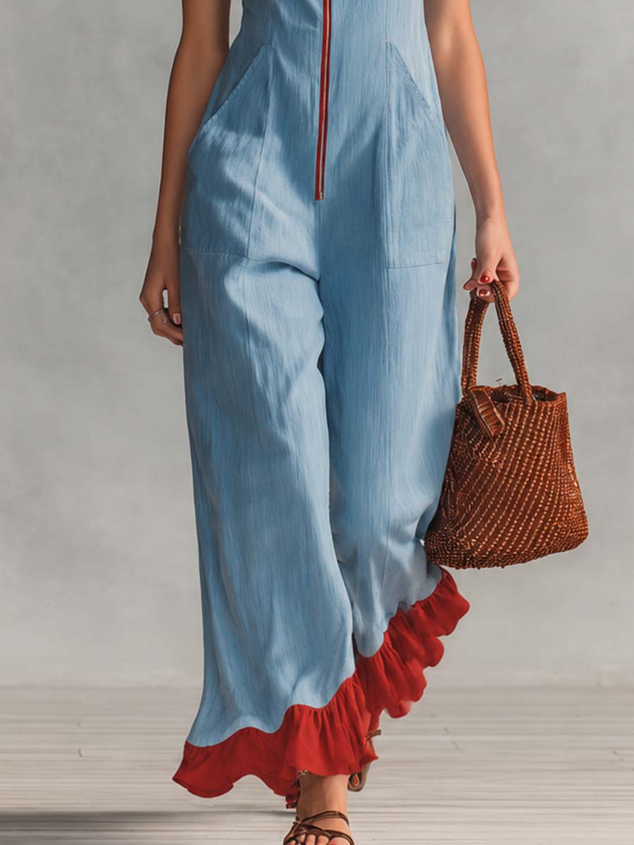 Retro Casual Square Neck Front Zipper Light Blue Cotton-Linen Jumpsuit - By Qivii