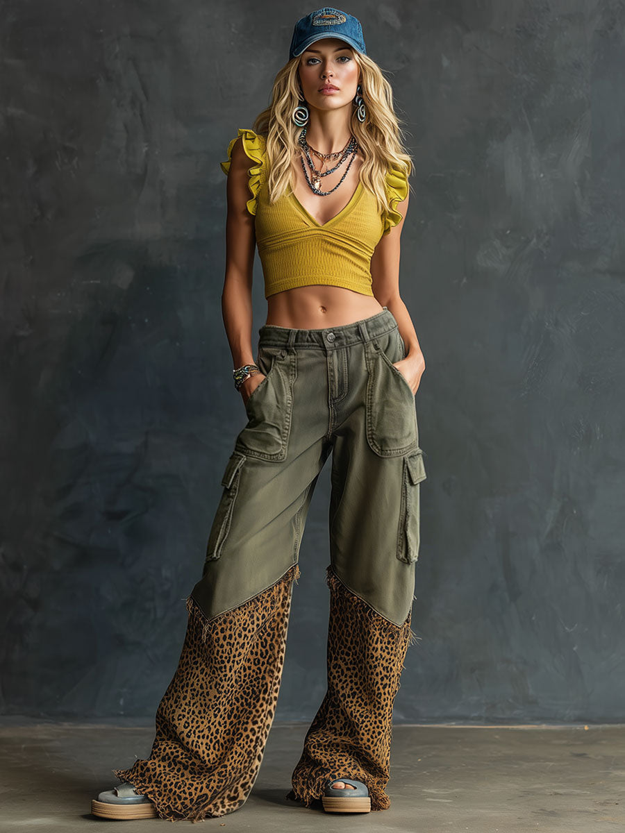 Casual Retro Leopard Print Frayed Army Green Work Jeans - By Qivii