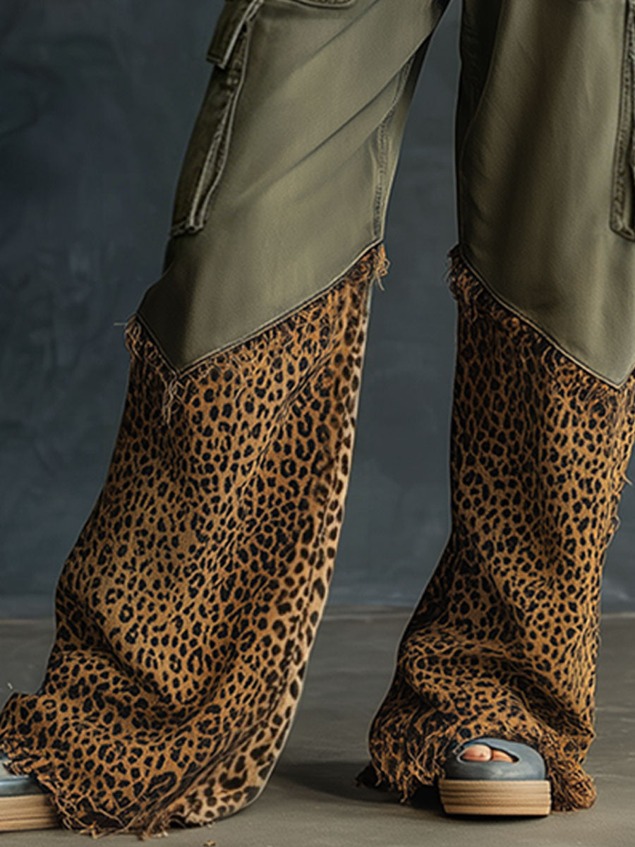 Casual Retro Leopard Print Frayed Army Green Work Jeans - By Qivii