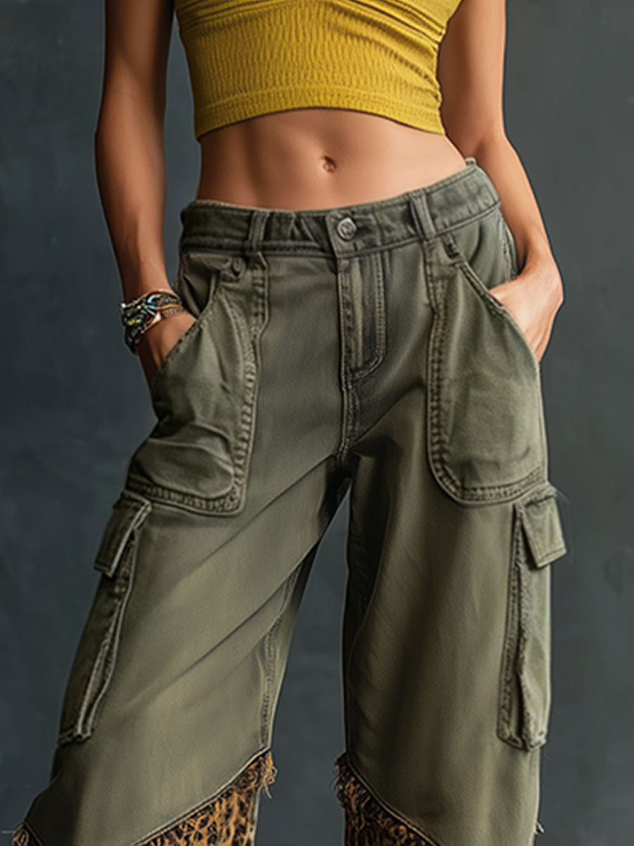 Casual Retro Leopard Print Frayed Army Green Work Jeans - By Qivii