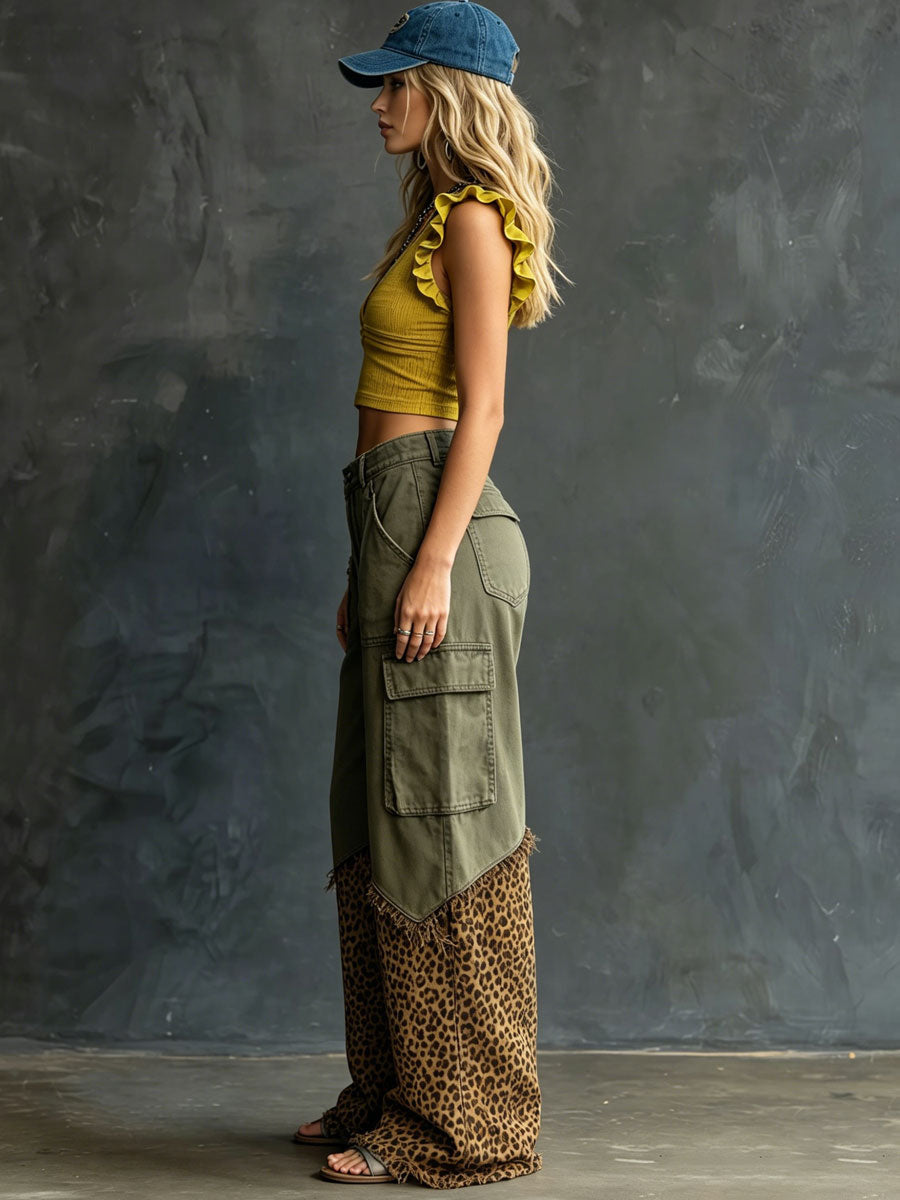 Casual Retro Leopard Print Frayed Army Green Work Jeans - By Qivii