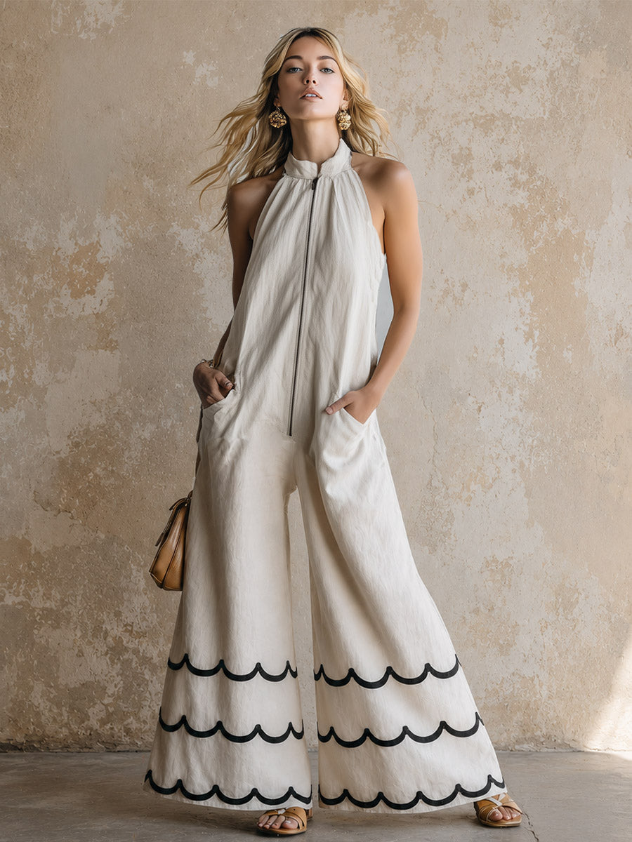 Classic Contrast-Color Wavy-Edge Off-White Cotton-Linen Halter Jumpsuit - By Qivii