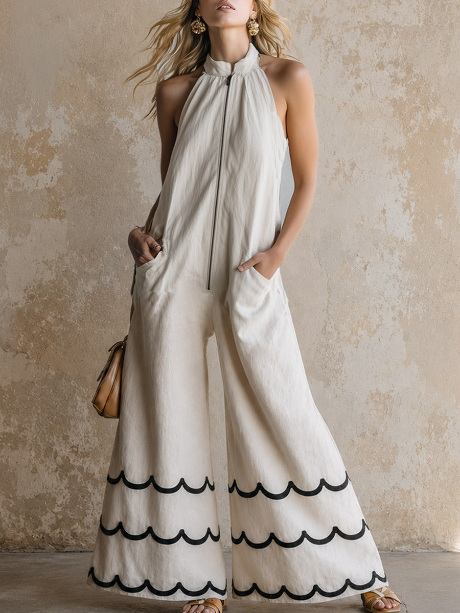 Classic Contrast-Color Wavy-Edge Off-White Cotton-Linen Halter Jumpsuit - By Qivii