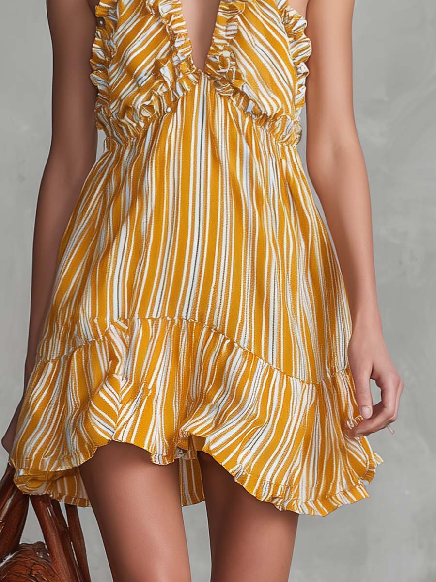 Vintage Vacation Halter-neck V-neck Ruffled Light Yellow Striped Chiffon Mini Dress - By Qivii