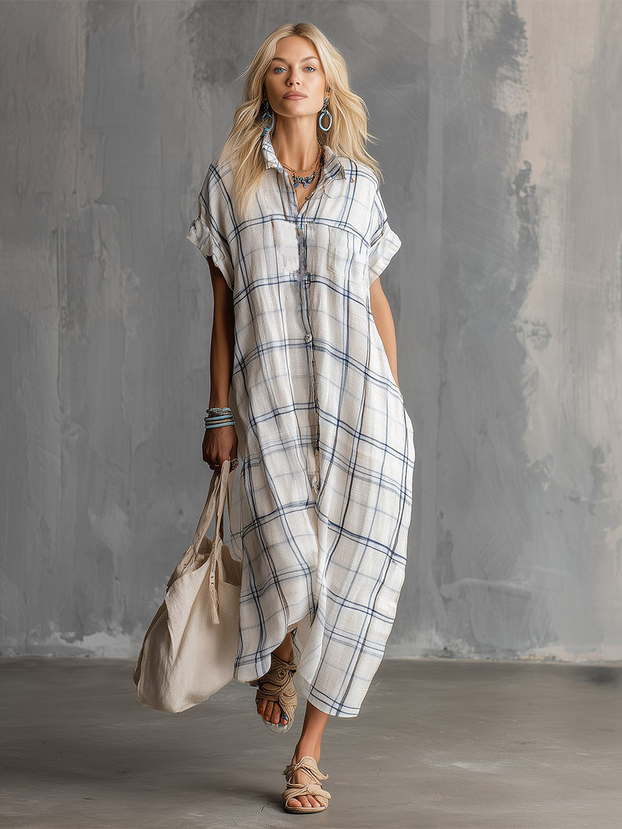 Elegant And Casual White Plaid-print Cotton-linen Short-sleeve Maxi Dress - By Qivii