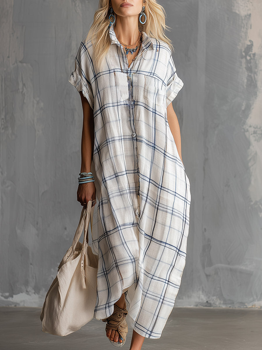 Elegant And Casual White Plaid-print Cotton-linen Short-sleeve Maxi Dress - By Qivii