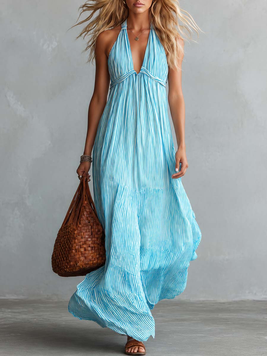 Flowy Stylish Halter V-neck Light Blue Striped Maxi Dress - By Qivii