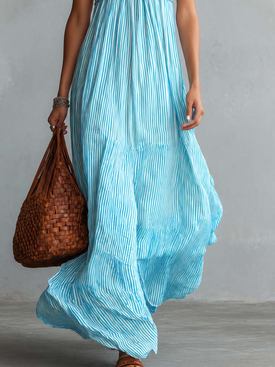 Flowy Stylish Halter V-neck Light Blue Striped Maxi Dress - By Qivii